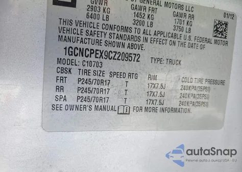 2012 Chevrolet Silverado 1500 Work Truck z USA, uszkodzony, nr VIN 1GCNCPEX9CZ209572